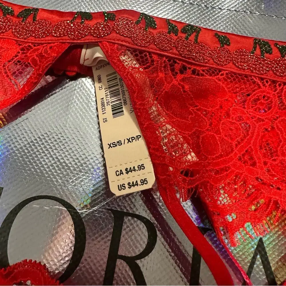 Victoria's Secret Cherry Red Shine Strap Lace Garter Belt and Thong